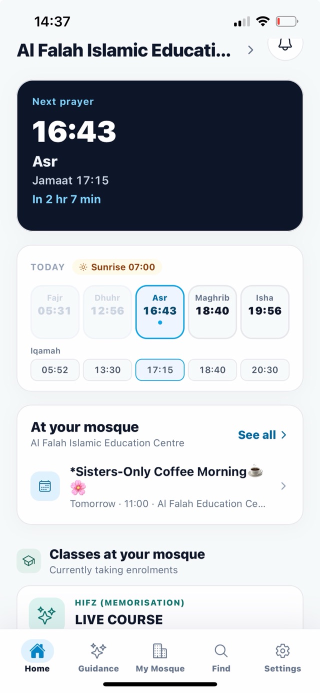 The Home screen: the next prayer and jamaat time, today&rsquo;s times, news and classes from your mosque