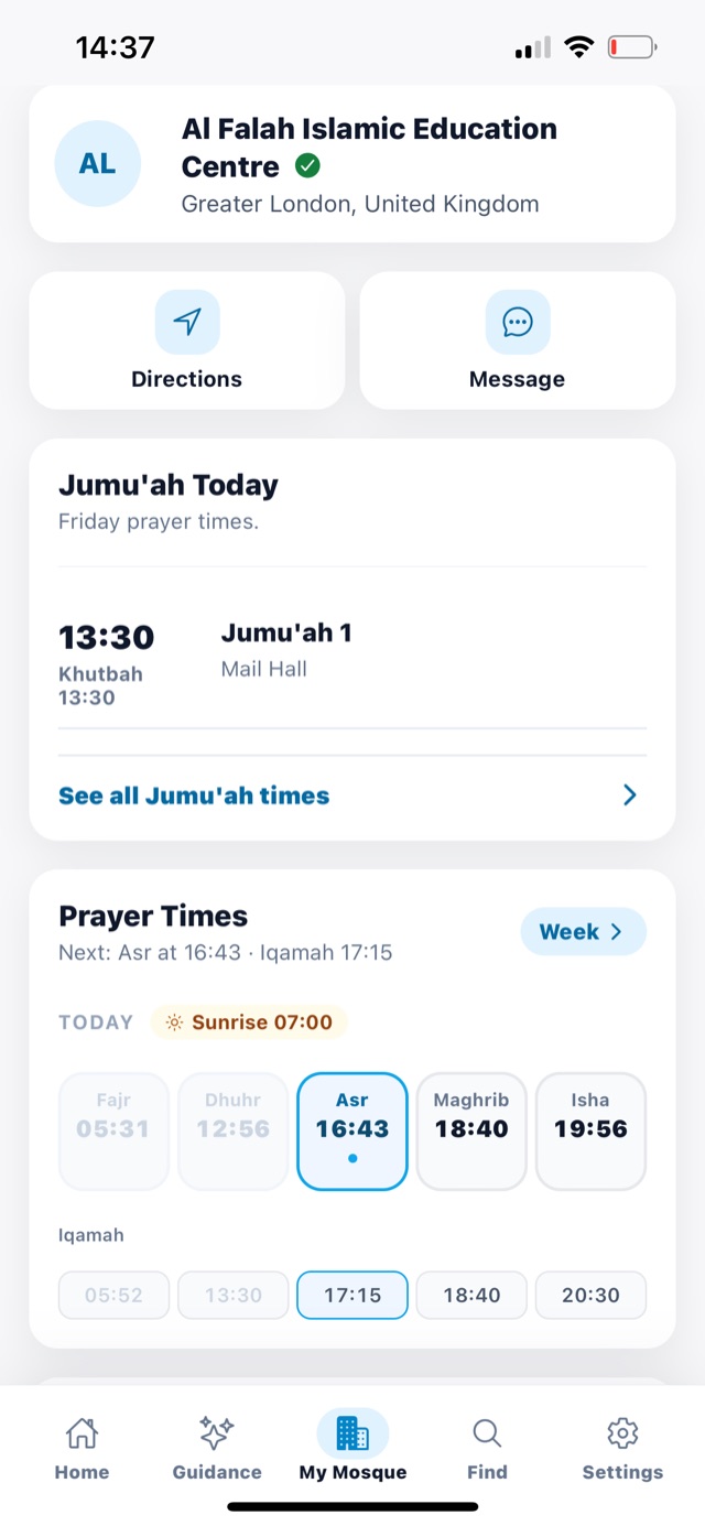 My Mosque: directions, messages, today&rsquo;s Jumu&rsquo;ah and prayer times