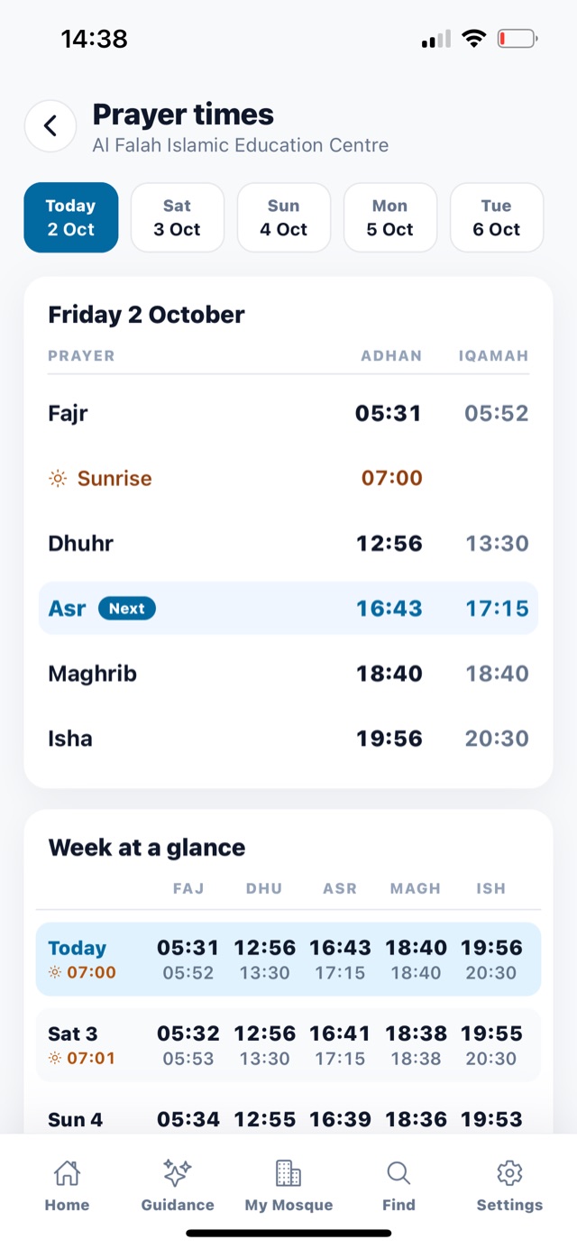 Prayer times for the day and the week ahead, with adhan and iqamah times